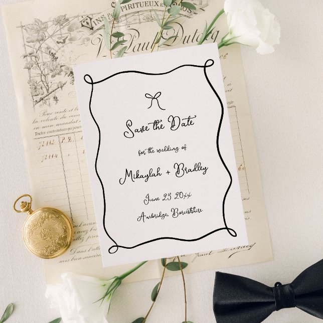 Whimsical Doodle Bow Black & White Wedding Save The Date (Creator Uploaded)