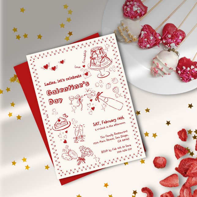 Whimsical Doodle Cake Flower Galentine's Day Party Invitation (Whimsical Doodle Cake Flower Galentine's Day Party Invitation)