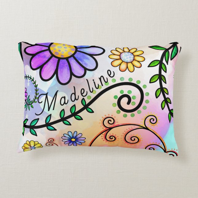 Whimsical, Doodle flowers all over Accent Pillow (Back)