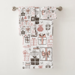 Whimsical Doodle Gifts Drawing Pink Christmas Cute Bath Towel Set