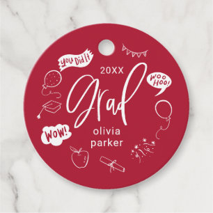 Whimsical Doodle Grad Party Red Favour Tags