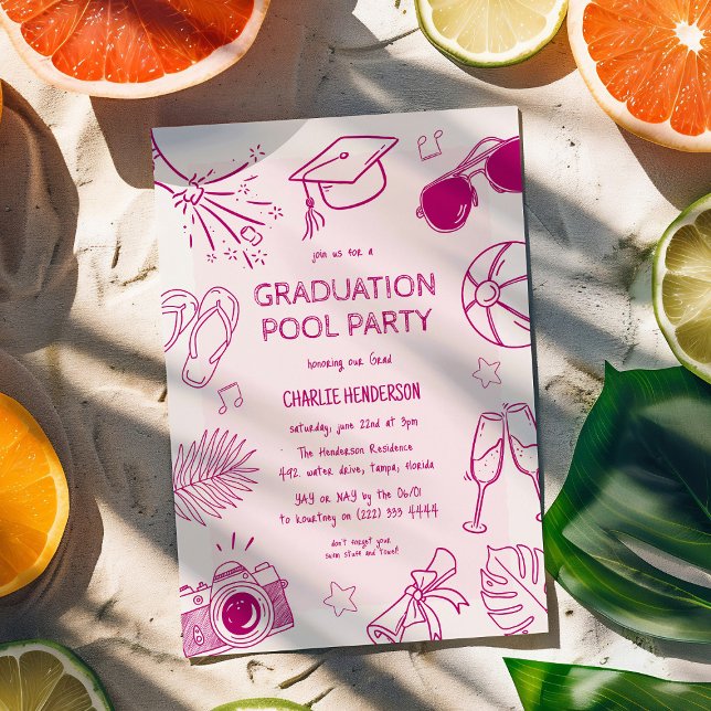 Whimsical Doodle Graduation Pool Party  Invitation (Creator Uploaded)