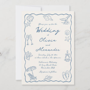 Whimsical Doodle Hand Drawn Coastal Beach Wedding Invitation