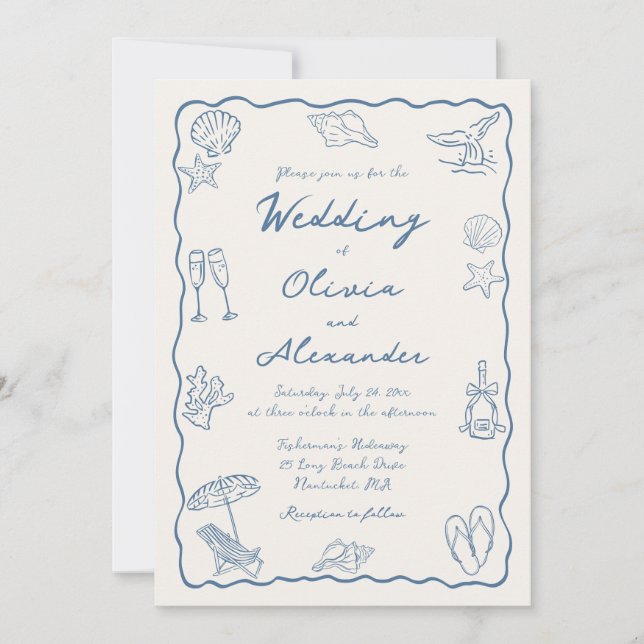 Whimsical Doodle Hand Drawn Coastal Beach Wedding Invitation (Front)