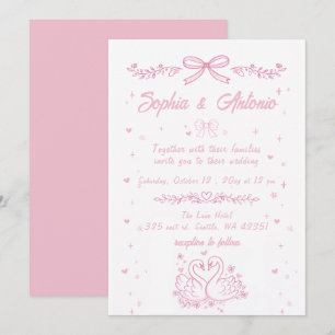 Whimsical Doodle Hand Drawn Pink Swans Wedding Invitation