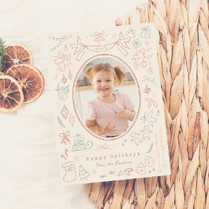 Whimsical Doodle Modern Christmas Holiday Photo Card