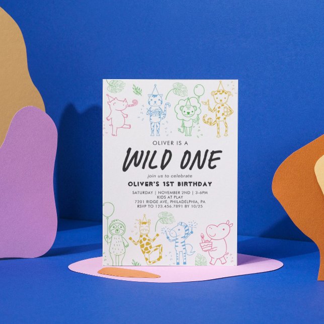 Whimsical Doodle Party Animals 1st Birthday Invitation (Creator Uploaded)