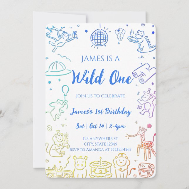Whimsical Doodle Party Animals 1st Birthday Invitation (Front)