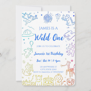 Whimsical Doodle Party Animals 1st Birthday Invitation