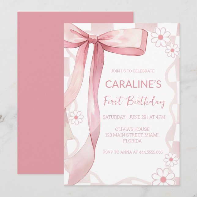 Whimsical Doodle Pink Bow First Birthday  Invitation (Front/Back)
