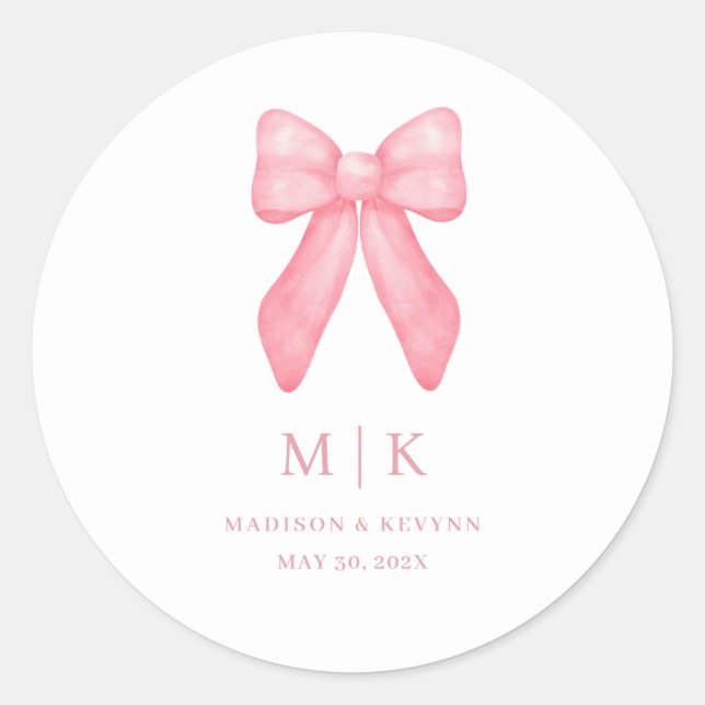 Whimsical Doodle Pink Bow | Wedding  Classic Round Sticker (Front)