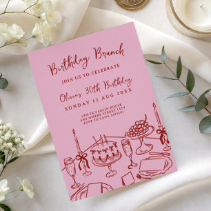 whimsical doodle pink brunch birthday invitation