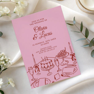whimsical doodle pink elegant wedding invitation