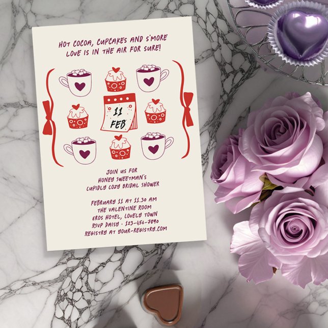 Whimsical Doodle Sketch Cupcakes and Cocoa Invitation (Bridal Shower invitation from the Valentines Bridal Shower Invitation collection by Darling & May)
