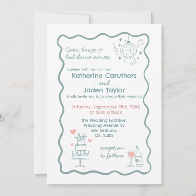 Whimsical doodle styled blue wedding Invitation (Devant)