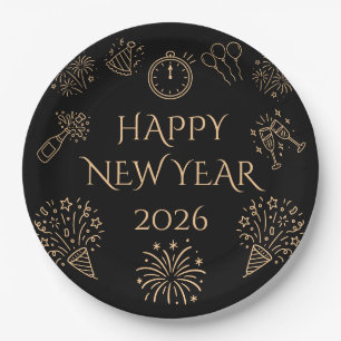 Whimsical Doodles Black Gold Happy New Year 2026 Paper Plate