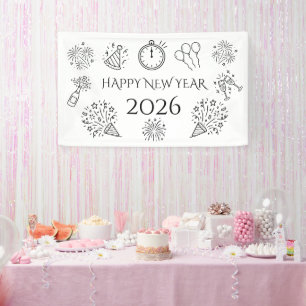 Whimsical Doodles Black Text Happy New Year 2026 Banner