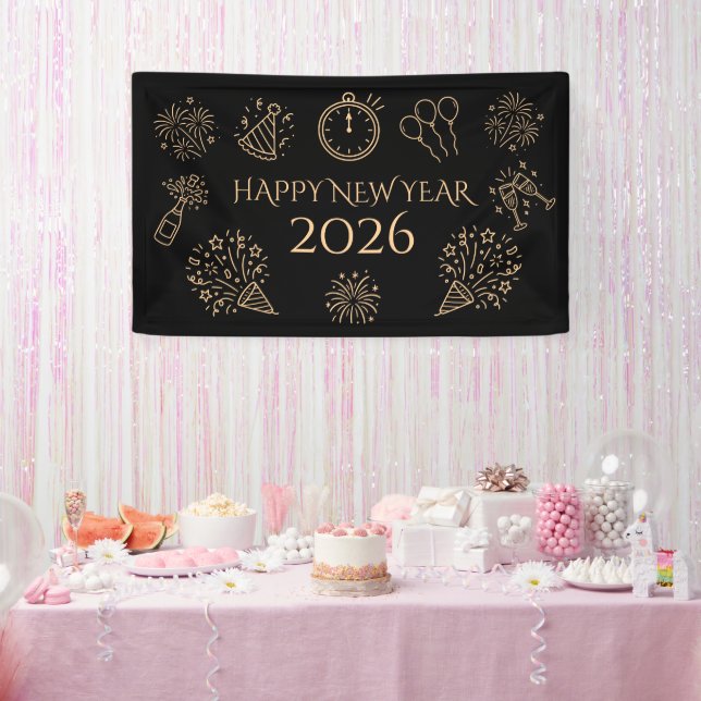 Whimsical Doodles Gold Black Happy New Year 2026 Banner (Party)