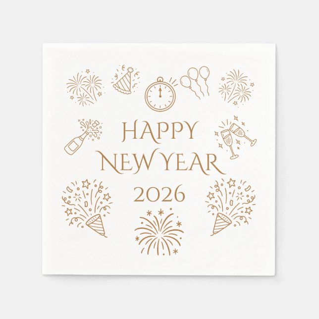Whimsical Doodles Gold Happy New Year 2026 Napkin (Front)