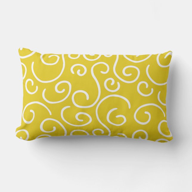 Whimsical Doodles Pattern Mustard Yellow and White Lumbar Pillow (Front)