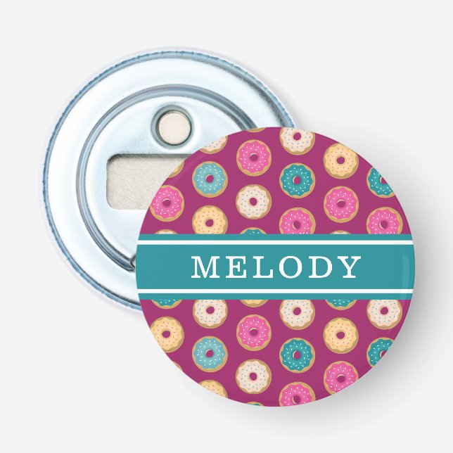 Whimsical Doughnut Pattern on Purple Bottle Opener (Front)
