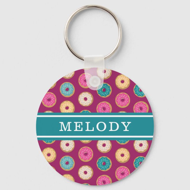Whimsical Doughnut Pattern on Purple Keychain (Front)