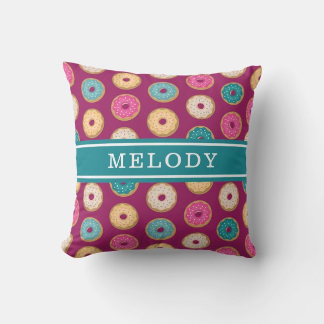 Whimsical Doughnut Pattern on Purple Throw Pillow (Front)