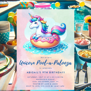Whimsical Doughnut Rainbow Unicorn Pool Party Invitation
