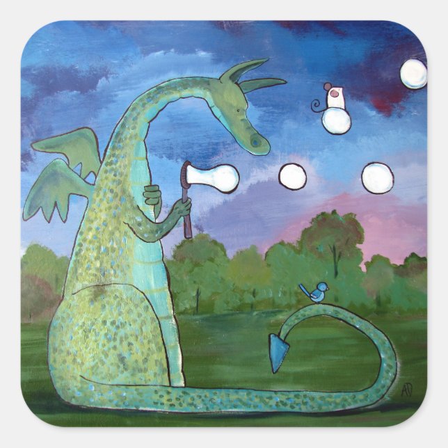 Whimsical Dragon Art Sticker Blowing Bubbles (Front)