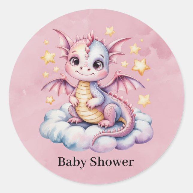 Whimsical Dragon On A Cloud Baby Shower Classic Round Sticker (Front)