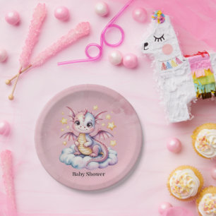 Whimsical Dragon On A Cloud Baby Shower Paper Plate