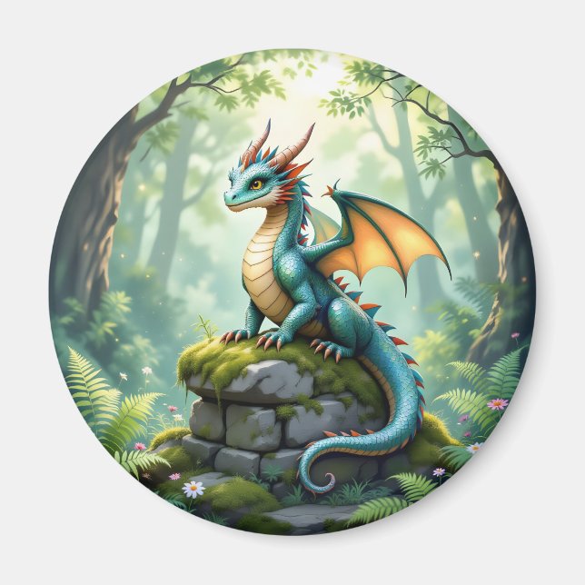 Whimsical Dragon on Ancient Stone Magnet (Front)