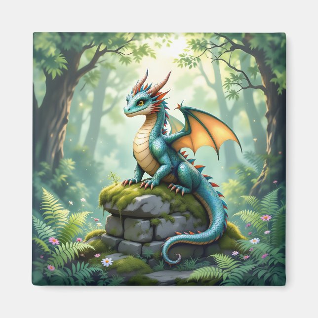 Whimsical Dragon on Ancient Stone Magnet (Front)