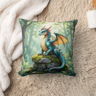 Whimsical Dragon on Ancient Stone Throw Pillow