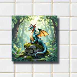 Whimsical Dragon on Ancient Stone Tile