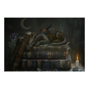 Whimsical Dragon on Books Wall Art   Dark Academia