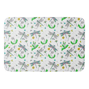 Whimsical Dragonflies and Dandelions Hand Drawn  Bath Mat