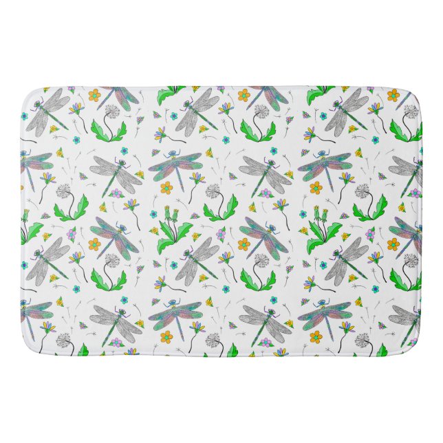 Whimsical Dragonflies and Dandelions Hand Drawn  Bath Mat (Front)