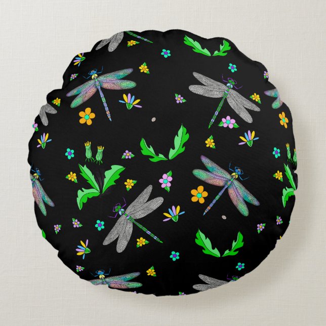 Whimsical Dragonflies and Dandelions Hand Drawn Round Pillow (Front)