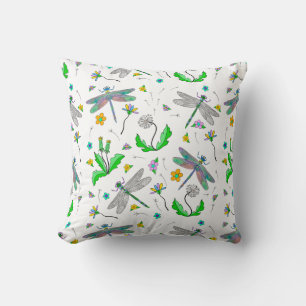 Whimsical Dragonflies and Dandelions Hand Drawn Throw Pillow