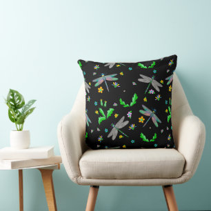 Whimsical Dragonflies and Dandelions Hand Drawn Throw Pillow