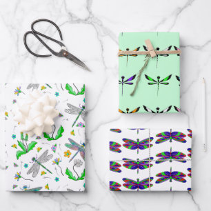 Whimsical Dragonflies and Dandelions Hand Drawn  Wrapping Paper Sheet