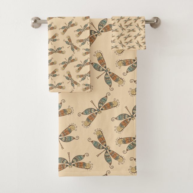 Whimsical Dragonflies Butter Cream Earthy Bath Towel Set (Insitu)