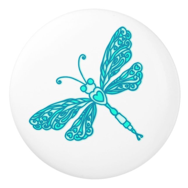 Whimsical dragonfly aqua inked art doorknob ceramic knob (Front)