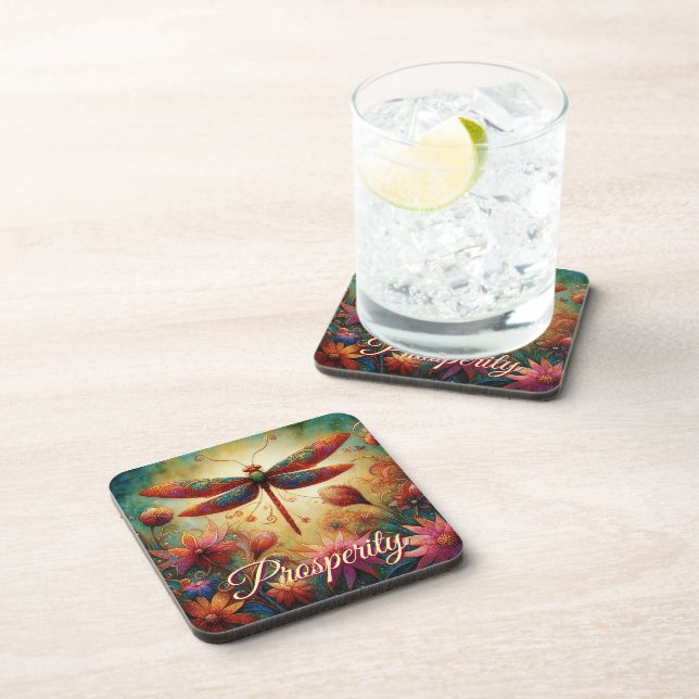 Whimsical Dragonfly Floral Abstract Art Prosperity Coaster (Right Side)