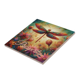 Whimsical Dragonfly Floral Abstract Art Prosperity Tile