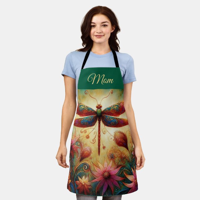 Whimsical Dragonfly Floral Abstract Art Teal Pink Apron (Worn)