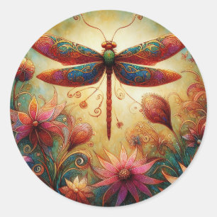 Whimsical Dragonfly Floral Abstract Art Teal Pink Classic Round Sticker