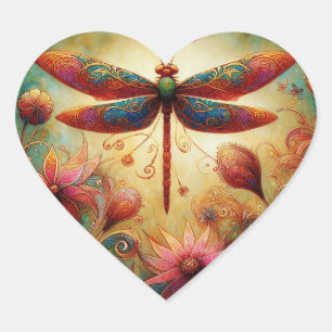 Whimsical Dragonfly Floral Abstract Art Teal Pink Heart Sticker