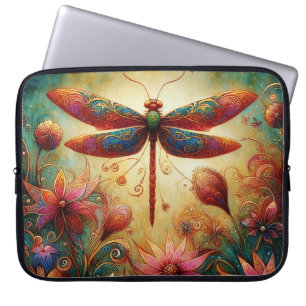 Whimsical Dragonfly Floral Abstract Art Teal Pink Laptop Sleeve